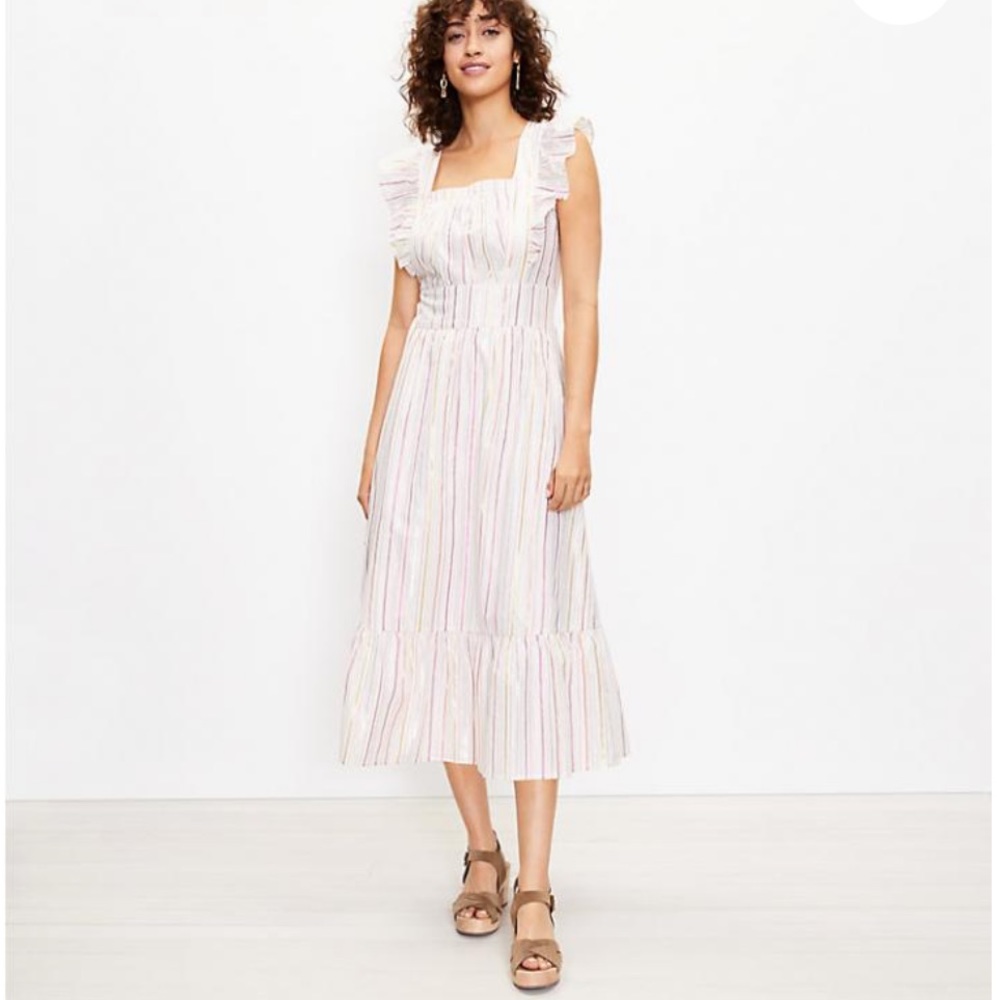 LOFT Shimmer Stripe Ruffle Cutout Back Midi Dress White 2